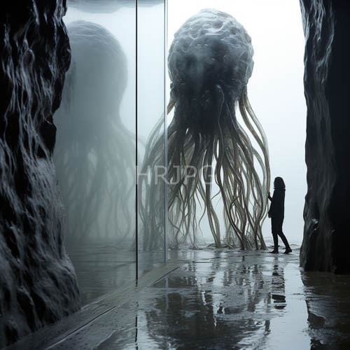 enormous jellyfish creature dominates misty cave with reflective glass walls
