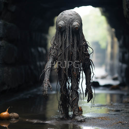 High Resolution: Octopus creature looms in shadowed cave amidst wet stone floor and dark stone surroundings download. | HRJPG.com