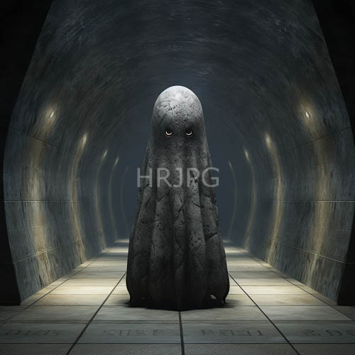 concrete labyrinth housing octopushued creature with pulsing stonetextured skin and coiled slippery tentacles