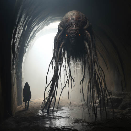 misty cave shadows reveal ancient spiderlike horrors amidst wet rock textures
