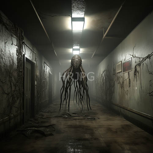 High Resolution: Cosmic Horror Aesthetic Dominates Nightmarish Hallway with Decay and Dread download. | HRJPG.com