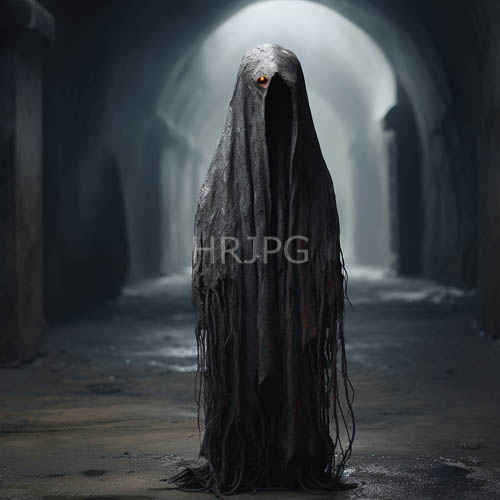 ethereal figure emerges from shadows in forgotten underground tunnel atmosphere of mysterious silence