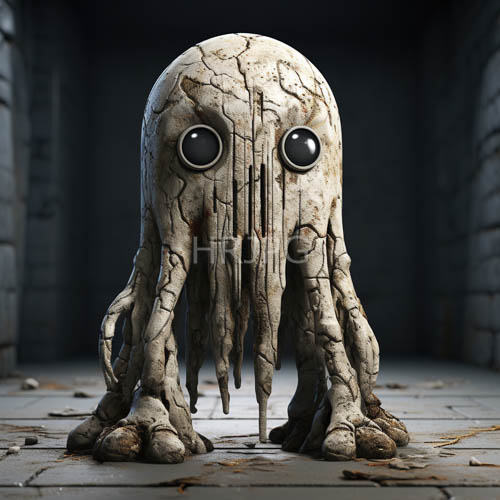humanoid creature emerges from shadows in dimly lit corridor of worn tiles and faded corridor lights