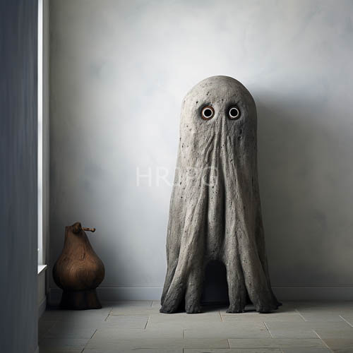 brown wood fruit replica amidst stone ghost sculpture window elegance textures