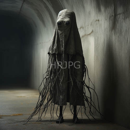 forgotten figure in tattered gray fabric within concrete tunnel