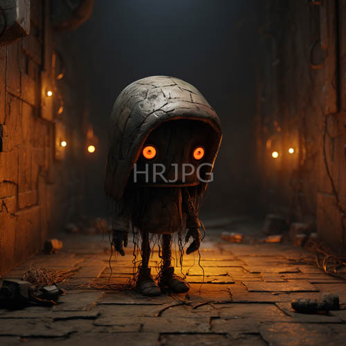 unsettling creature amidst dim alleyway casts amber glows amid cracked stone path