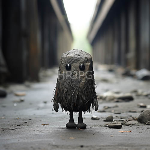 brown paperlike pogchamp creature on cracked concrete amidst blurred urban backdrop