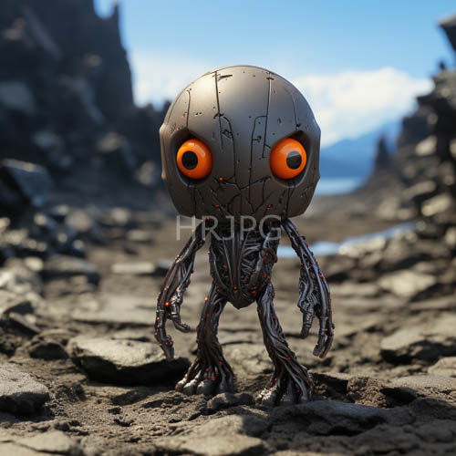 metallic fragmentation of a cybernetic form amidst jagged terrain and stark sky
