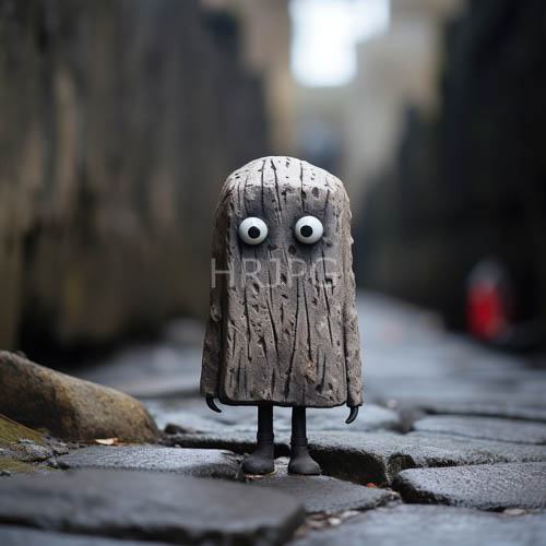High Resolution: Urban Tree Creature Emerges from Shadowed Cobblestone Alley with Weathered Wooden Fur download. | HRJPG.com