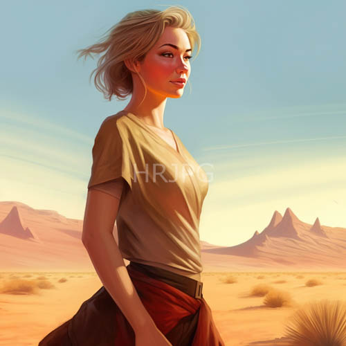 emerald green eyes scan the endless desert landscape under amber sunrise hues