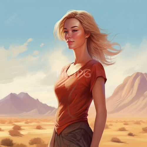 desert landscape with windswept woman in orange tshirt and loosefitting pants