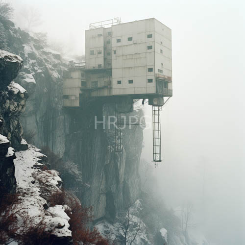 High Resolution: Weathered Concrete Building Amidst SnowCovered Trees on Cliffside Fog download. | HRJPG.com