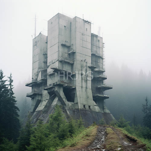 weathered concrete edifice dominates foggy forest clearing with dramatic shadows and textured surfaces