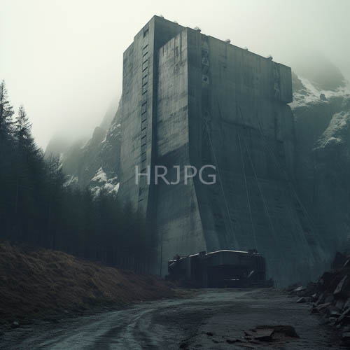 mountainous landscape shrouded in thick fog meets weathered concrete skyscraper