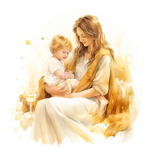 ethereal woman in beige robes frames a serene maternal bond with a blonde toddler in a yellowed background