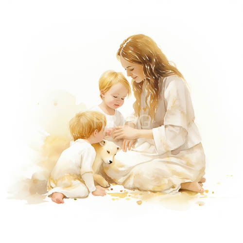 sunkissed children nestle beneath a serene mothers flowing white robes in a delicate watercolor style blending pastel tones with crisp line work