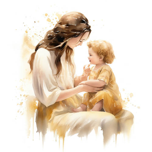 watercolor of ethereal lightskinned woman cradling curlyhaired toddler in golden background