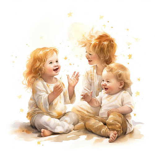 blonde curlyhaired siblings in serene with golden stars and divine light rays