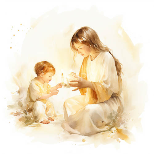 serene angelic woman sits on lush green grass illuminating candles with boy in yellow attire