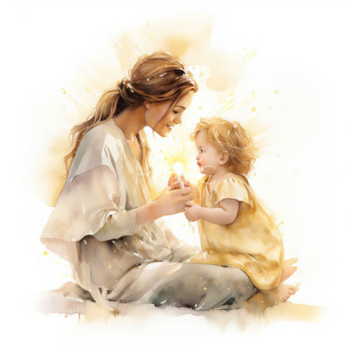jesus kneels beside a young blonde child amidst luminous light rays on a serene beige background