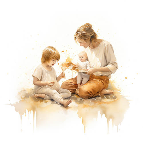 High Resolution: Cozy Family Moment Watercolor on Splattered Yellow and Brown Backdrop download. | HRJPG.com