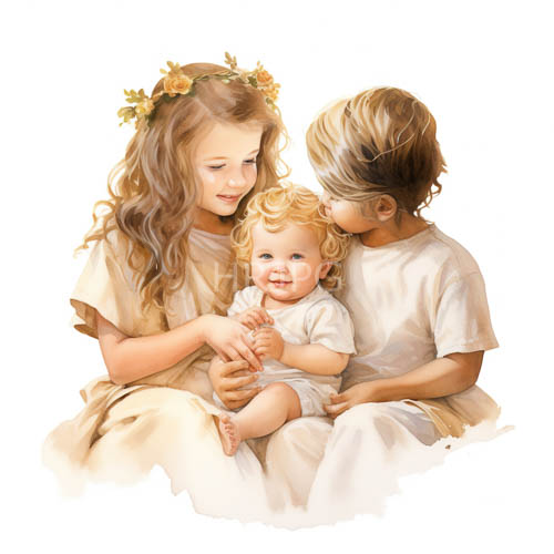 girls with wavy brown hair and flower crowns entwined with toddlers amidst muted pastel hues