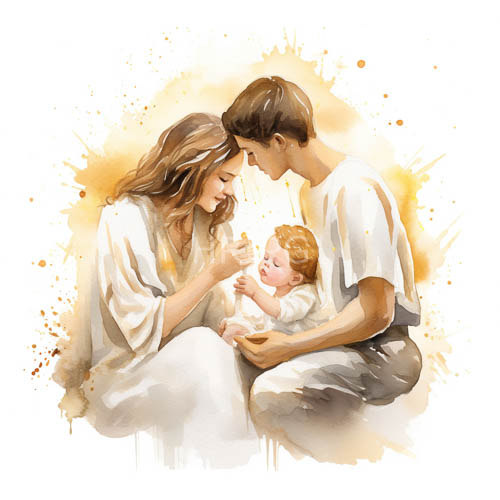 asian family moment in watercolor light on pristine white fabric detail