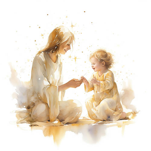 angeliques gentle hands entwined with a smiling child in a serene celestial