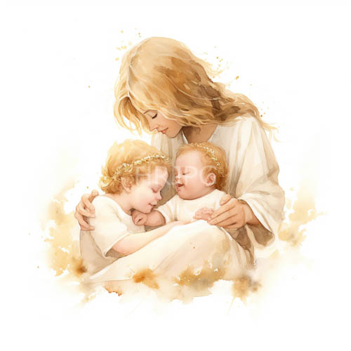 yellow flower crowns adorn innocent sleepers cradled by an angelic woman within a serene watercolor