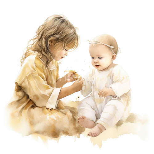 wavy brownhaired girl with baby in yellow attire share golden objects in pastel tones