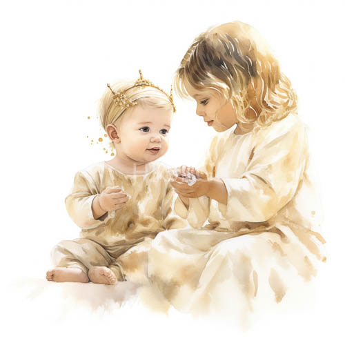 blonde children wear beige attire amidst delicate watercolor illustrations