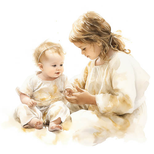 girls serene camaraderie on beige surface with flowing garments