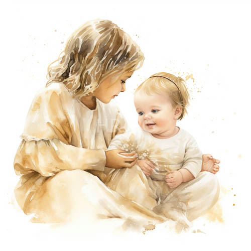 wavyhaired children sit on floor against plain background with connected hands