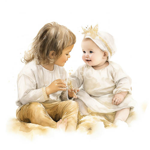 High Resolution: Children in Watercolor Attire with StarAdorned Crown in Delicate Composition download. | HRJPG.com