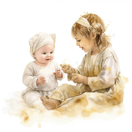 sisterly affection unfolds amidst muted watercolor hues of childhood innocence and simple beige attire