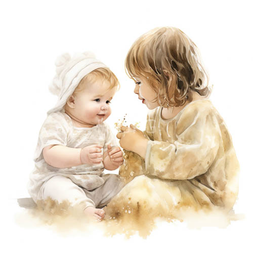 children in pastelcolored clothing play on beige fabric in watercolor