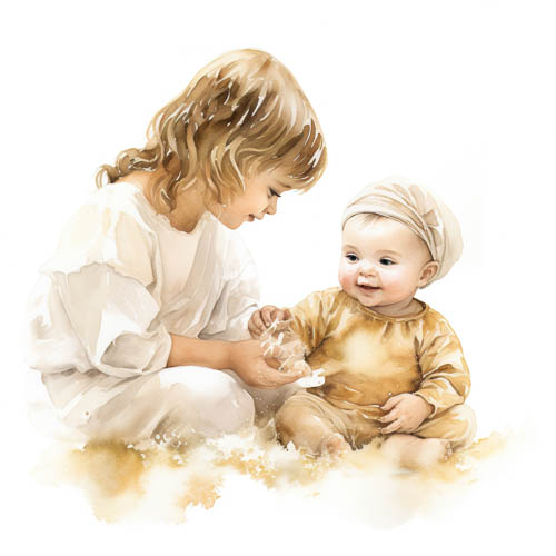 nurturing bond amidst wavy hues and gentle sibling connection in a serene watercolor setting
