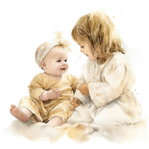 children in ethereal robes sit nestled in innocence on offwhite background with watercolor textures