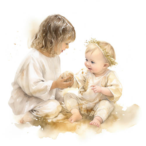 blonde baby reaches for ball in watercolor nursery with contrasting children