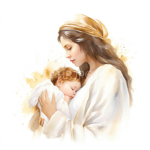 serene motherhood in watercolor style with muted gold and white tones amidst a dreamy atmosphere of a sleeping infant