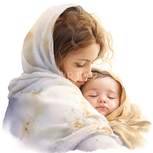 motherly devotion in early life with wavy brown hair and fair skin cradles sleeping baby amidst glowing colors
