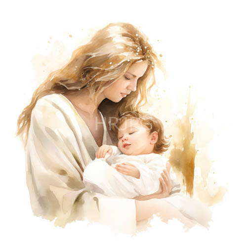 angelic mother adorns serene sanctuary with long wavy brown hair and gentle features