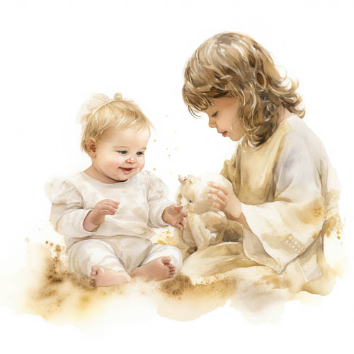 baby in white robes shares tender moment with older child in warm muted watercolor