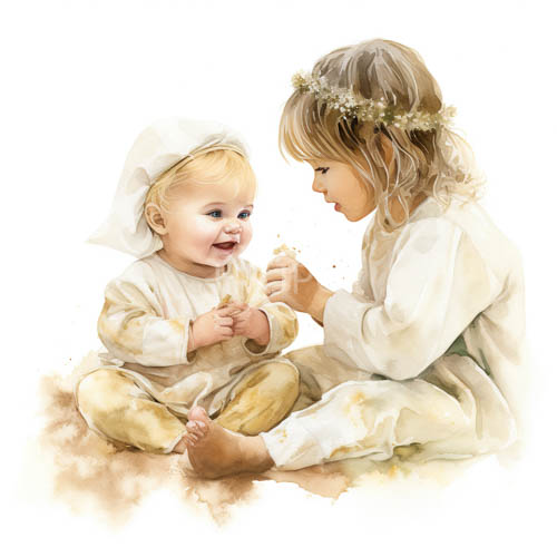 serene watercolor of two young children in joyful connection over delicate floral crown
