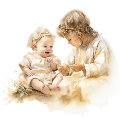 High Resolution: Sibling Affection and Nurturing Care in LightFilled Watercolor Setting download. | HRJPG.com