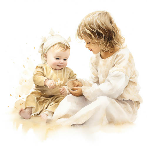 curly blonde hair and white clothing frame toddlers as they sit on the floor playing together in watercolor