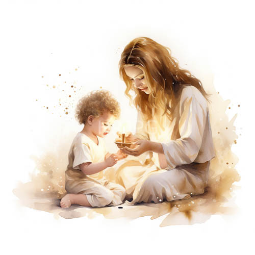 youthful jesus and toddler in pristine white and beige seated on earthen ground at dawn