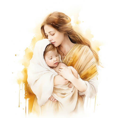 High Resolution: Ethereal Woman Cradles Infant in Dreamy Watercolor Nursery with Soft Focus download. | HRJPG.com