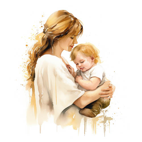 motherly love in pristine white attire against delicate watercolor background