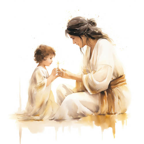 dandelion seeds drift from childs hand in watercolor of mother and son